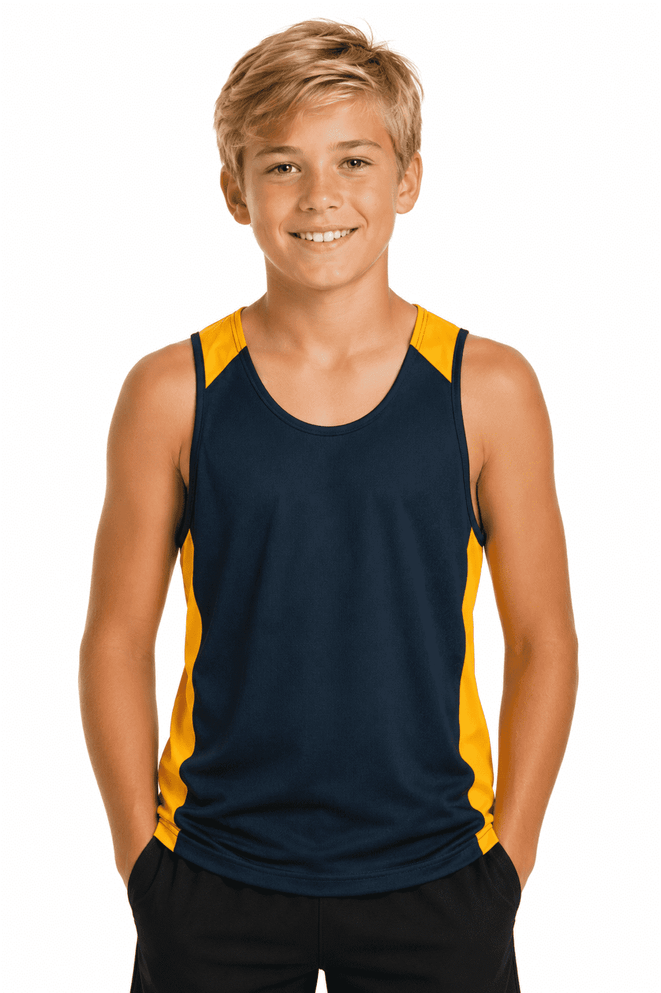 A navy and yellow singlet designed for kids, featuring a logo on the front.