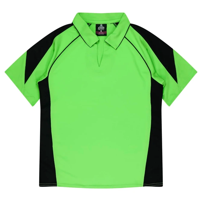 A green and black polo shirt featuring a collar and short sleeves, with a logo on the label.