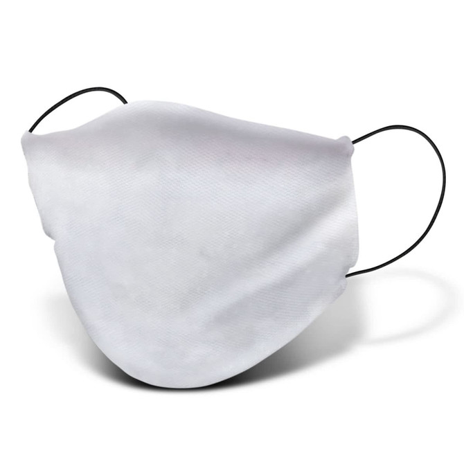 A reusable face mask in white with black ear loops, designed for a comfortable fit.