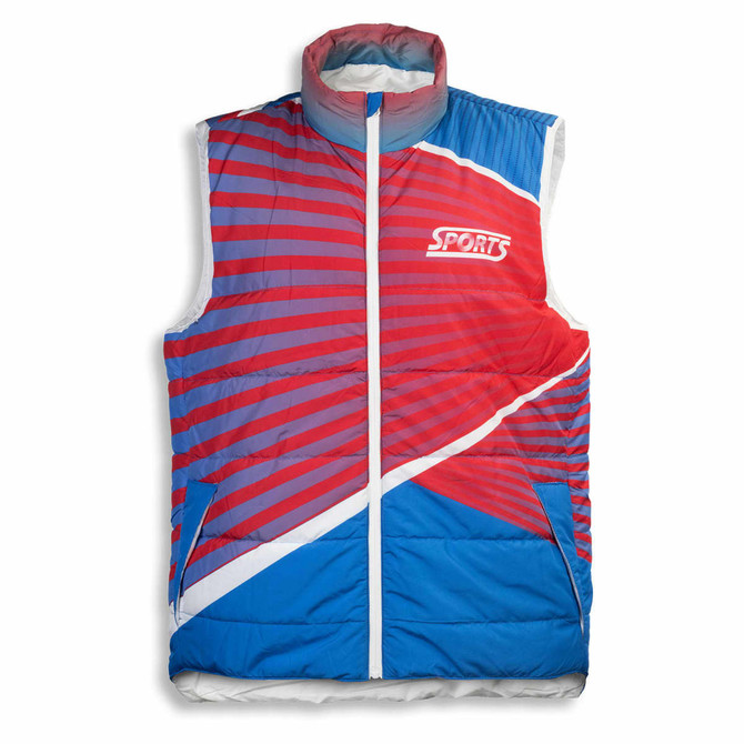 A custom puffer vest in red and blue with a logo, featuring a stylish geometric design.