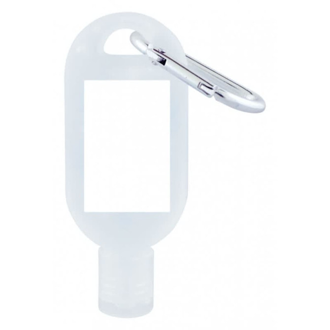 A clear 30mL hand sanitiser with a silver carabiner attached, featuring a blank area for custom branding.