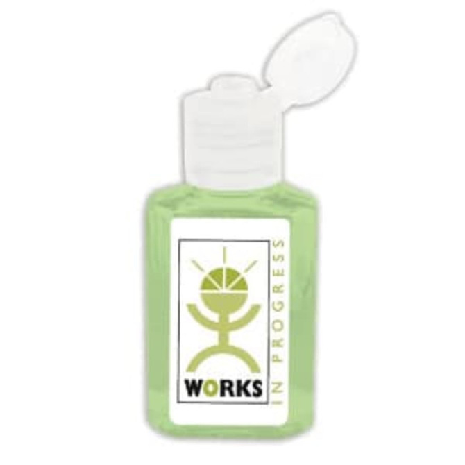 A small, clear bottle of green hand sanitiser gel containing 75% ethyl-alcohol and featuring a logo.