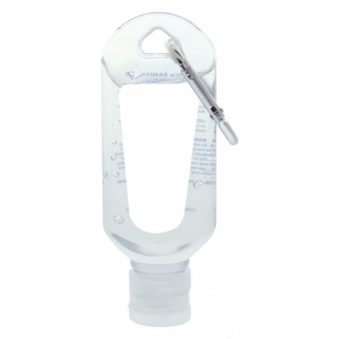 A clear 60mL hand sanitiser bottle with a carabiner attached, featuring a textured grip and a small opening at the bottom.