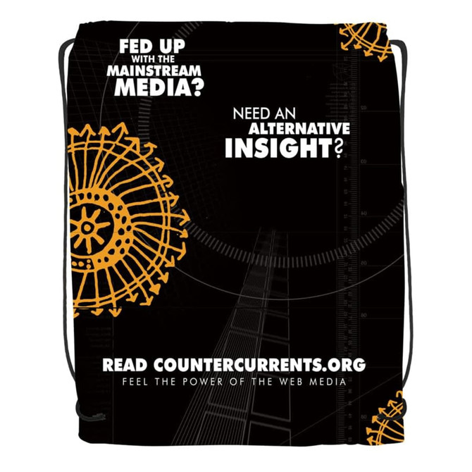 A black drawstring backpack with an intricate orange design and branding, featuring bold text about alternative media.