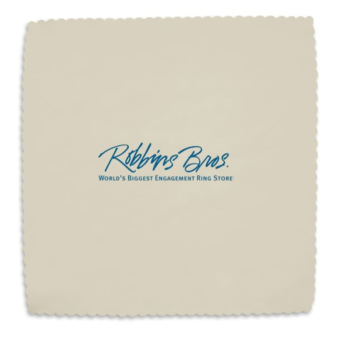 A cream microfibre cleaning cloth featuring a logo. The edges are scalloped for a decorative finish.