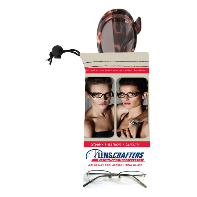 A microfibre sunglass pouch in cream and brown, featuring images of stylish eyewear and a drawstring closure.