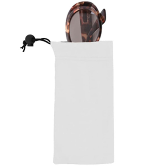 A white microfibre sunglass pouch with a pair of glasses partially visible inside. Features a drawstring closure.