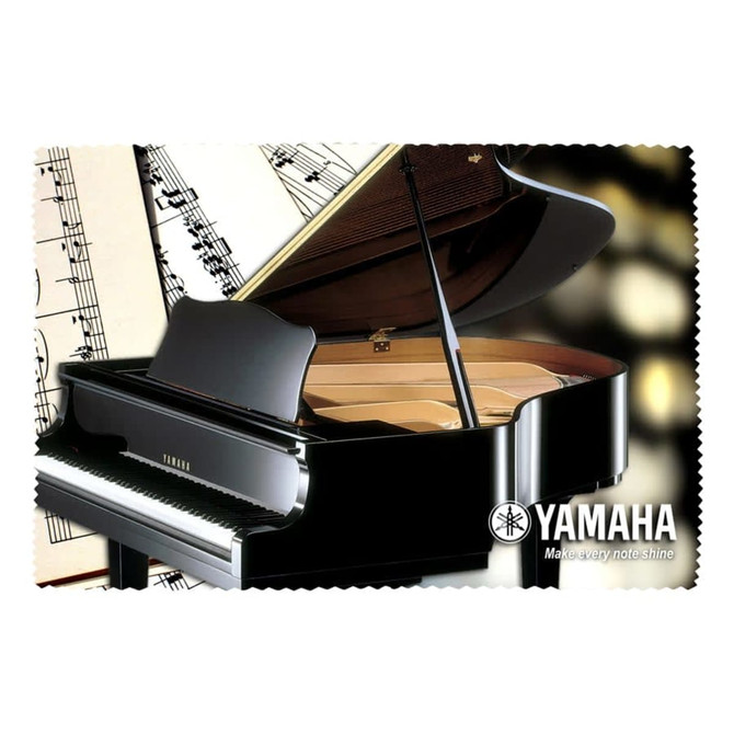 A microfibre cloth featuring a black grand piano design and a music sheet background, with a logo in one corner.