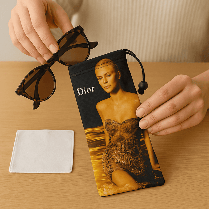 Micro fibre sunglass pouch with an image and matching cleaning cloth, featuring a black and gold design.