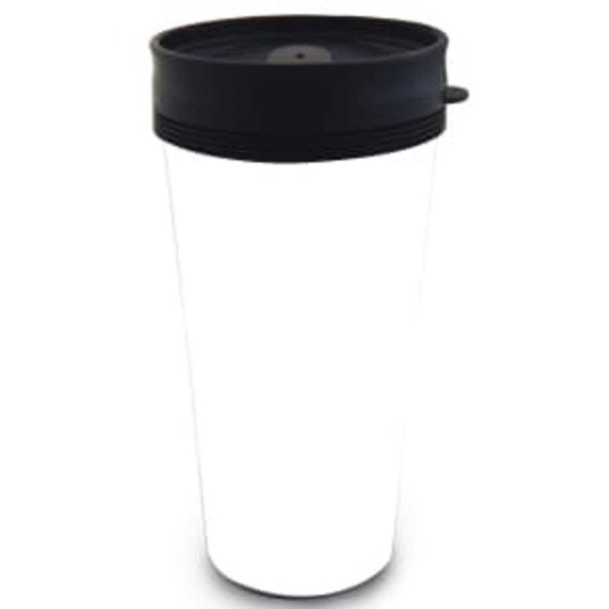 A drink bottle featuring a black lid and a white body, designed as a 443mL tumbler for travel use.