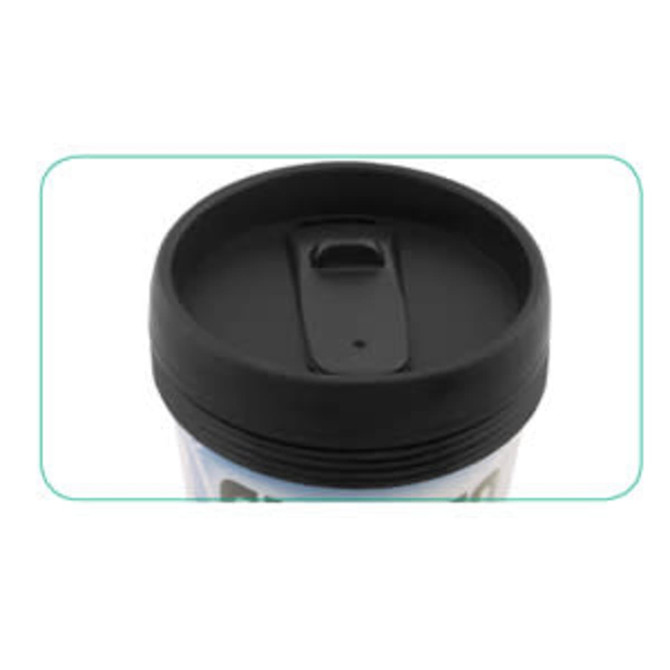 A drink bottle with a black lid and a drinking opening, featuring a colourful design on the body.