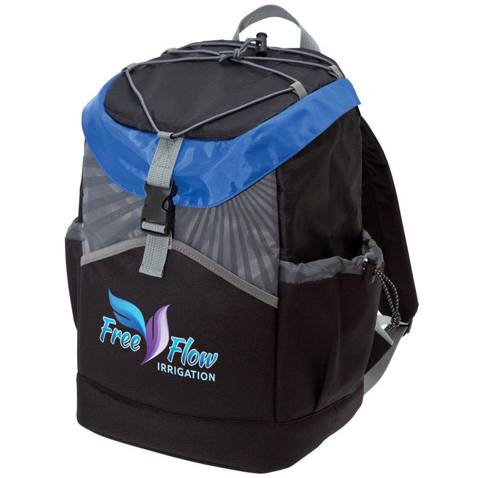 A black and blue backpack cooler with a front pocket and a logo, featuring adjustable straps and mesh side pockets.