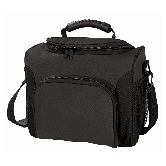 A black cooler bag with a zippered top, a handle, and side mesh pockets, featuring a logo.