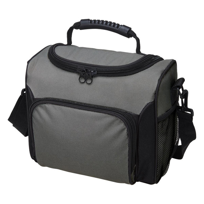 A grey cooler bag with a zip closure, carrying handle, and adjustable shoulder strap, featuring a mesh pocket on the side.