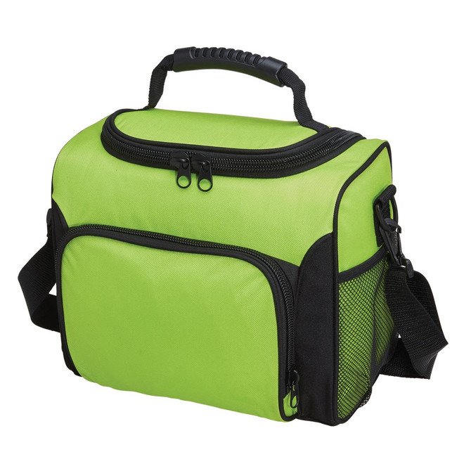 A green cooler bag with a sturdy handle, adjustable strap, and zippered compartments. It features a mesh pocket on the side.