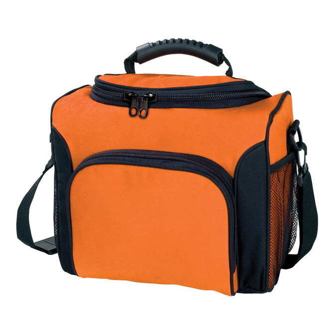An orange cooler bag with black accents, featuring a zippered top, front pocket, and adjustable shoulder strap.