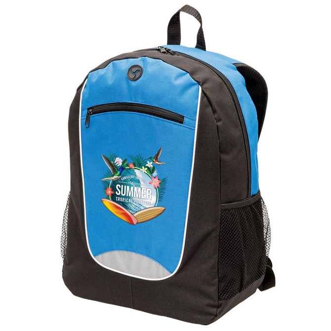 A blue and black backpack featuring a logo and mesh side pockets.
