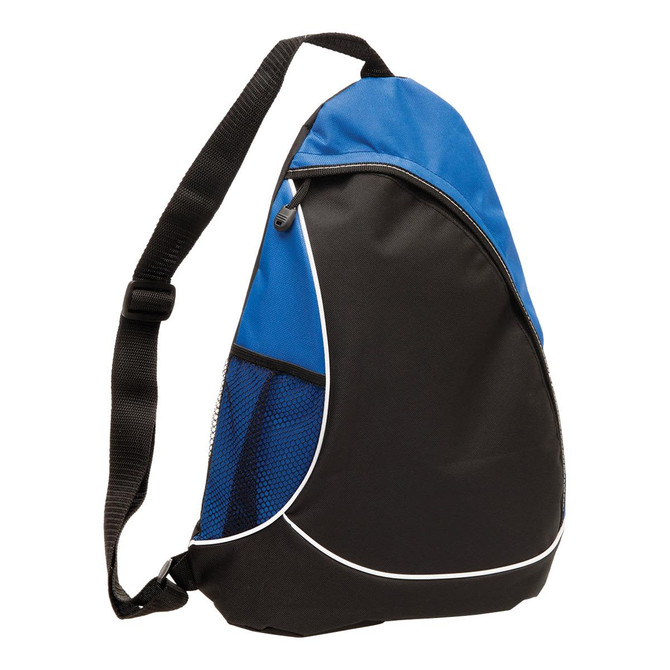 A blue and black sling bag with a adjustable strap and a mesh side pocket. It has a logo.