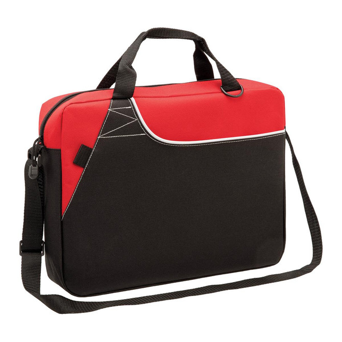 A black and red laptop bag with handles and an adjustable shoulder strap, featuring a logo.