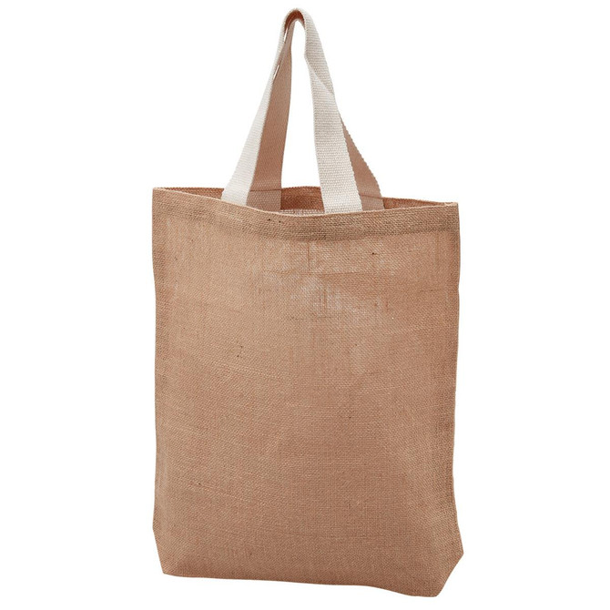 A brown reusable grocery bag with white handles, featuring a logo on the front.