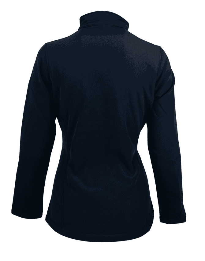 A navy soft shell jacket featuring a high collar and long sleeves, with a simple, clean design.