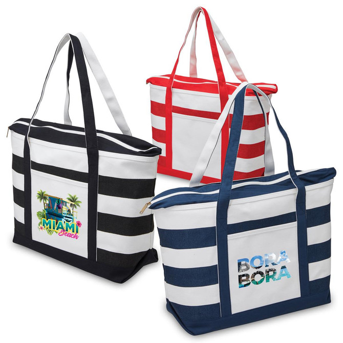 A red, navy, and black striped tote bag with a logo on each variant. Each bag features sturdy handles and a zip closure.