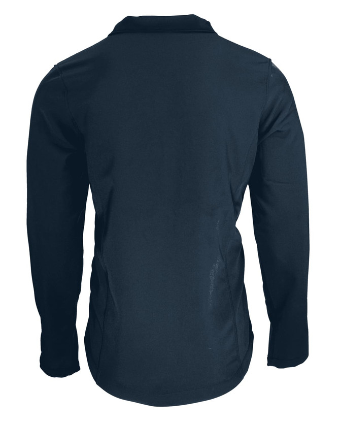 A soft shell jacket in navy, featuring a simple design with long sleeves and a logo on the back.