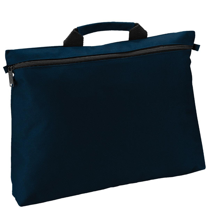 A dark blue satchel bag with a top handle and a zipper closure, featuring branding on the front.