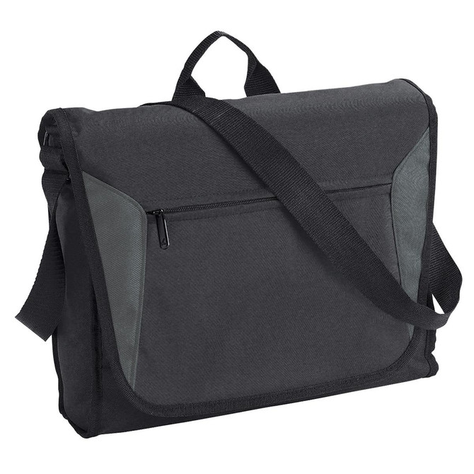 A black satchel bag with grey accents, featuring a front zip pocket and a shoulder strap. It has a logo.