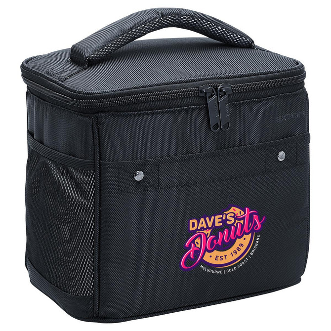 A black cooler bag featuring a zippered top, handle, and branding on the front.