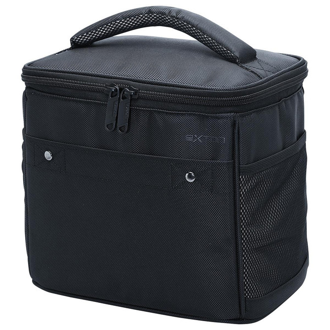 A black cooler bag with a zippered top, carrying handle, and external pockets, featuring a logo.
