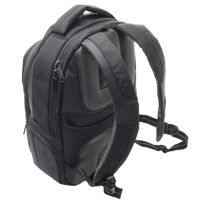 A black Exton laptop backpack features multiple compartments and mesh detailing on the straps for ventilation.