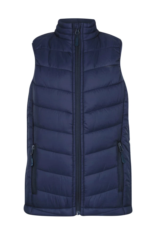 A navy blue puffer vest with a high collar and zippered front, featuring side pockets and a logo.