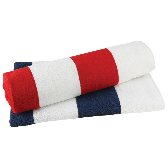 A striped towel featuring red, white, and navy blue stripes, folded neatly. Branding is present on the towel.