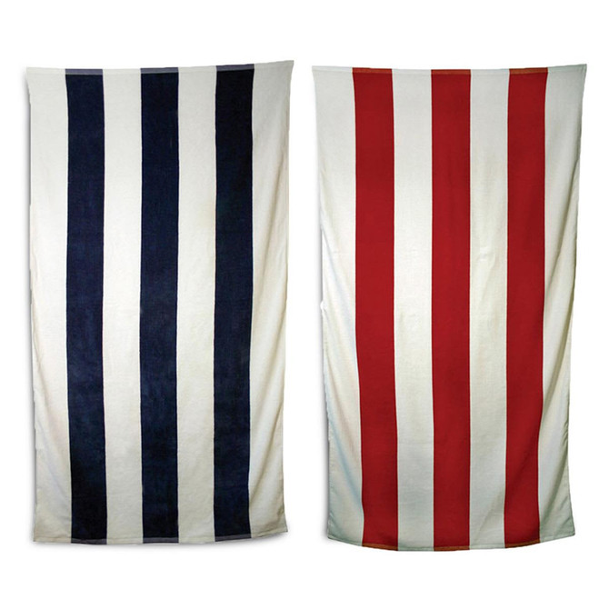Two striped towels, one featuring navy blue and white stripes, and the other with red and white stripes. Both have branding.