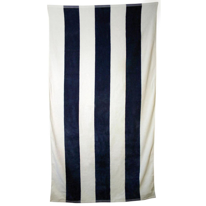 A striped towel featuring navy blue and cream stripes, prominently displayed against a white background. It has a logo.