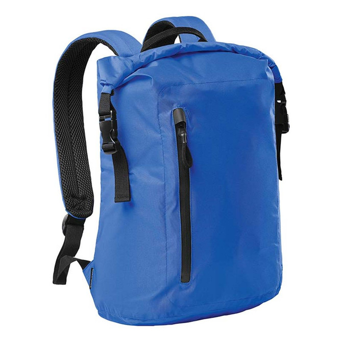 A blue roll-top backpack with adjustable straps and a front zipper pocket. It features a logo on the front.