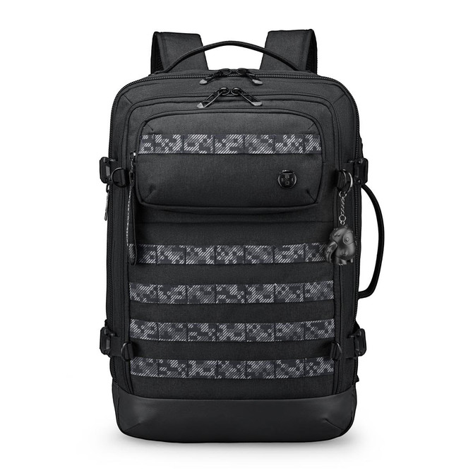A black backpack with a patterned front panel and multiple pockets. It features adjustable straps and a logo.