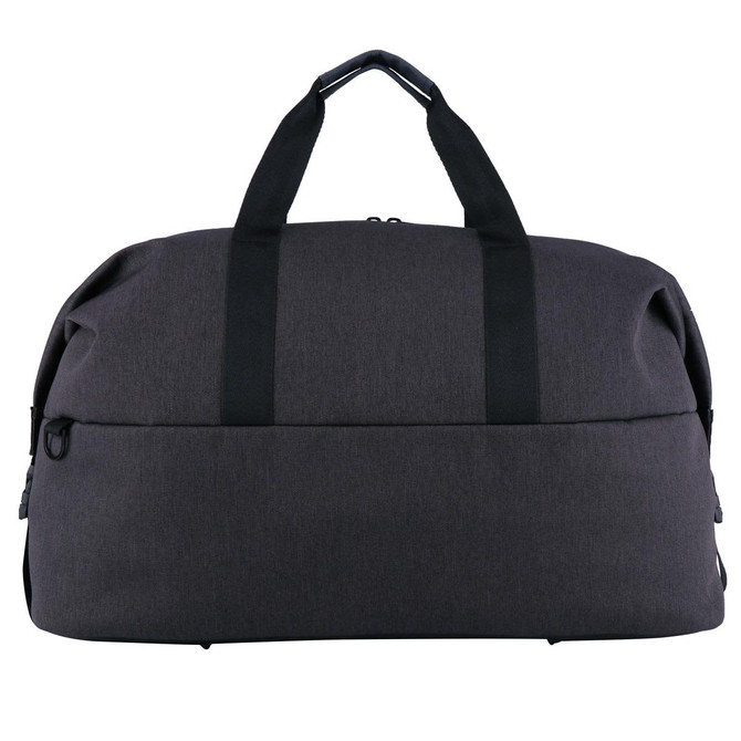 A grey duffle bag with black handles and a zip closure, featuring a logo on the side.