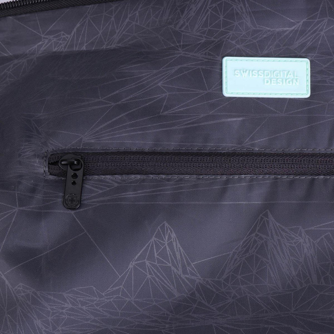 A black duffle bag with a geometric pattern and a logo, featuring a zippered pocket.