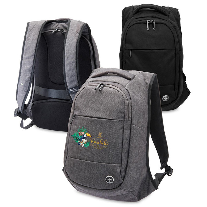 A collection of three Swissdigital Bolt anti-theft backpacks in grey and black, featuring a logo on one.