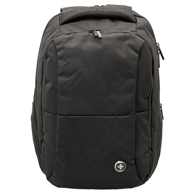 A black backpack with multiple compartments and a logo, designed for everyday use.