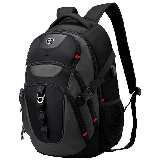 A black and grey Swissdigital Vector Backpack with red accents, featuring a logo on the front.