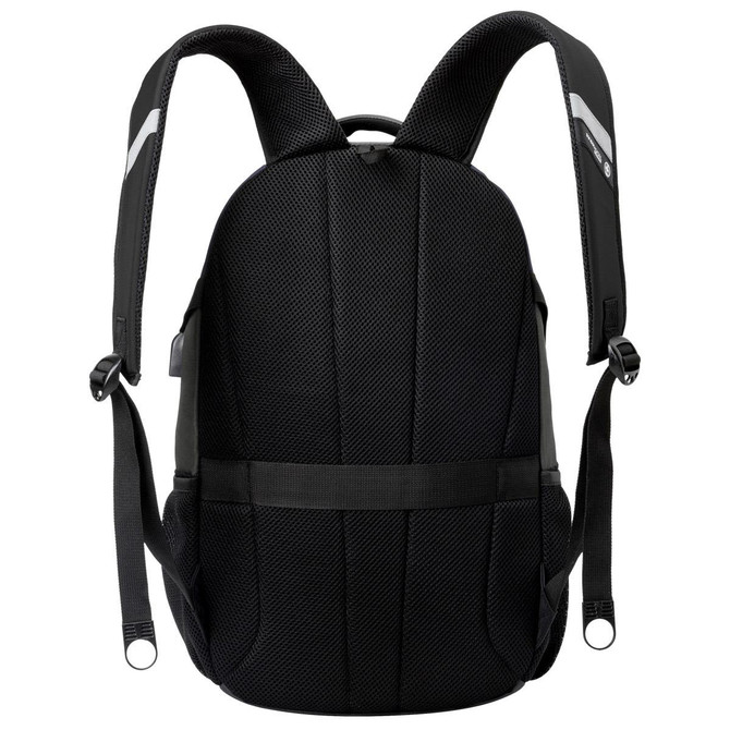 A black backpack with padded shoulder straps and textured fabric, featuring a logo.