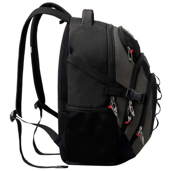 A black and grey Swissdigital Vector Backpack with multiple zip compartments and adjustable straps.