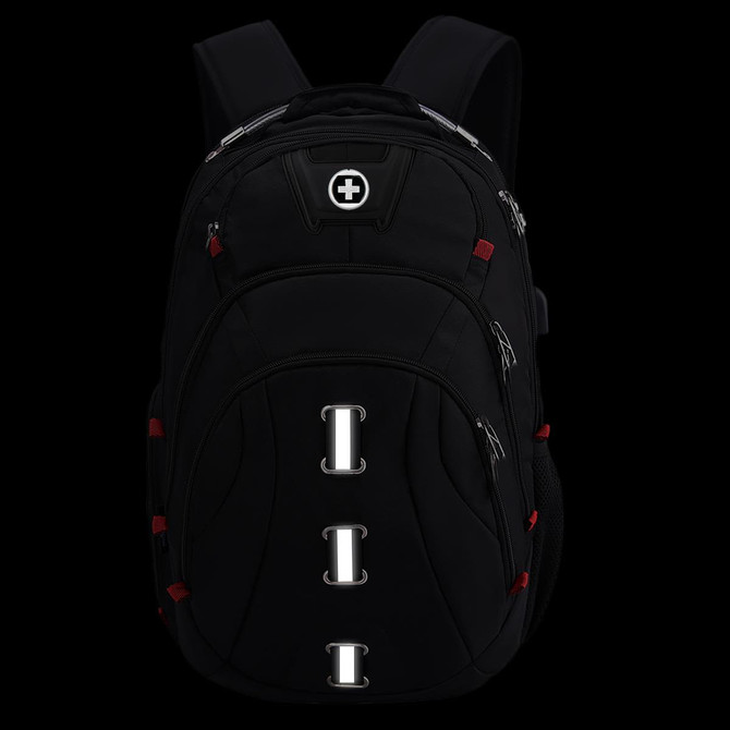 A black backpack with red accents and multiple compartments, featuring an emblem and metal loops.