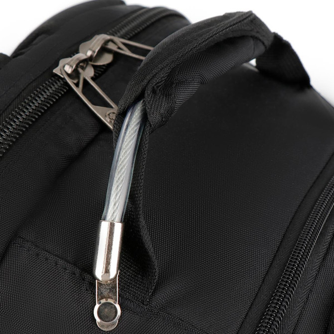 A black backpack featuring a sturdy handle and a metal zipper pull. It has branding on the exterior.