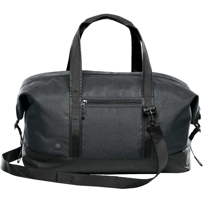 A black duffle bag with a zippered pocket, sturdy handles, and a removable shoulder strap. Includes a logo.