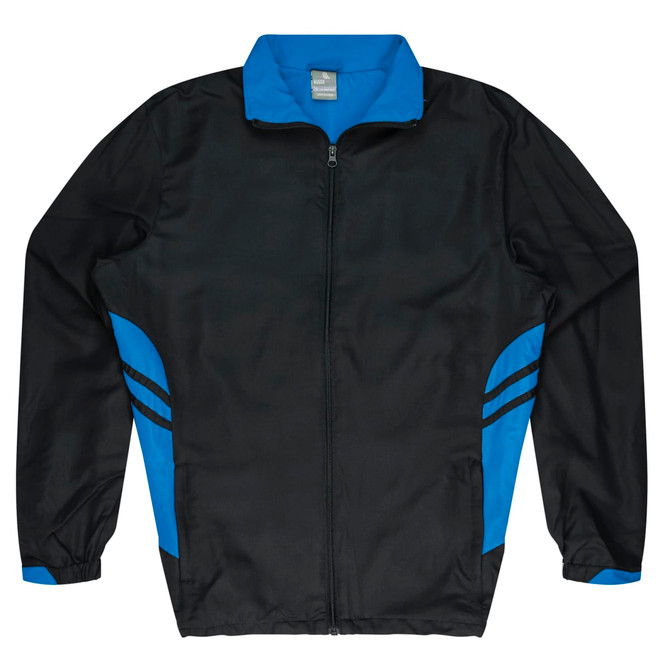 A black and blue tracktop featuring a zip front and a logo. Suitable for kids.