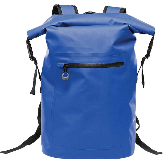 A blue waterproof backpack with adjustable straps and a front zip pocket, featuring a logo.